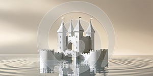 White Miniature Castle Model with Bridge and Water Reflection.