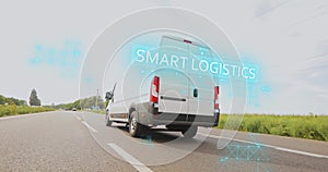 White minibus with IOT in delivery. Smart logistics. Fast delivery with smart logistics.