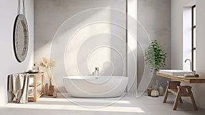 a white minimal bohemian Mediterrane concrete bathroom 3d rendering