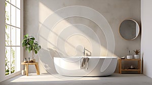 a white minimal bohemian Mediterrane concrete bathroom with bathtup 3d rendering photo