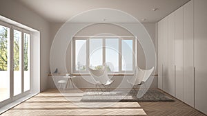 White minimal living room with armchair carpet, parquet floor and panoramic window, scandinavian architecture, modern interior