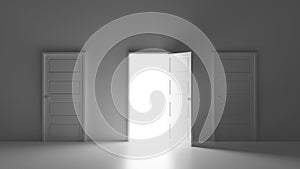 White minimal open door and bright light between two closed door 3D render illustration