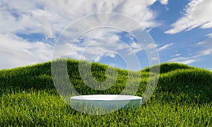 White minimal podium in green grassland with blue sky background. Nature concept. 3D illustration rendering