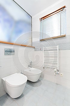 White minimalist bathroom with toilet and bidet