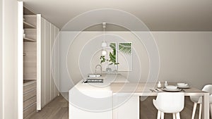 White minimalist kitchen in eco friendly apartment, island, table, stools and open cabinet with accessories, big window, bamboo