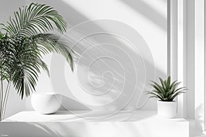 White Minimalist Product Display with Green Plants and Sunlight Shadows