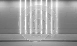 White minimalistic abstract 3d background. Neon light from lamps on concrete walls. 3d illustration