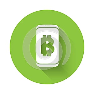 White Mining bitcoin from mobile icon isolated with long shadow. Cryptocurrency mining, blockchain technology service
