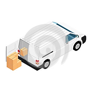 White minivan cargo delivery van deliver cardboard boxes