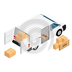 White minivan cargo delivery van deliver cardboard boxes