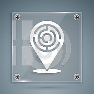 White Minotaur maze or labyrinth icon isolated on grey background. Ancient Greek mythology. Square glass panels. Vector