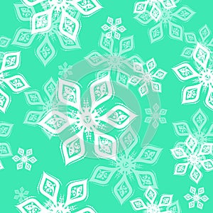 White and mint green Snowflake seamless pattern on green background