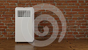 White mobile air conditioner on a brick wall background. 3D