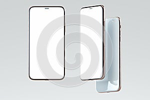 White Mobile phones with blank screens isolated on white background. 3d rendering.