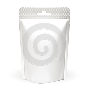 White Mock Up Blank Foil Food Or Drink Doypack Bag Packaging. Plastic Pack Template On White Background Isolated.