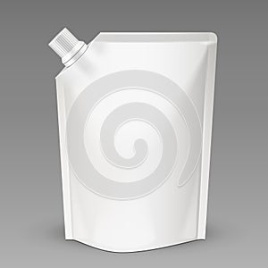 White Mock Up Blank Pack, Foil Food Or Drink Bag Packaging With Spout Lid. Plastic Pack Template Ready For Your Design.