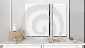 White mock up frame in home design and Coastal style living concept on white wall background. Scandinavian ,hipster, modern
