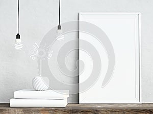White mock up picture frame with light bulbs, digital flower in a pot and books on wooden shelf against white plaster wall, 3d ren