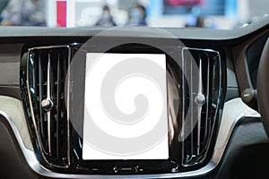 White mockup of digital display screen on the dashboard of a modern car