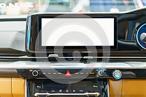 White mockup of digital display screen on the dashboard of a modern car