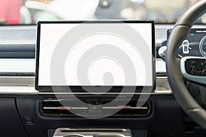 White mockup of digital display screen on the dashboard of a modern car