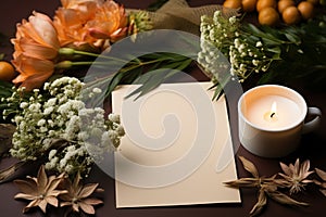 White mockup paper with copy space on table near spring flowers and candle