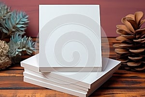 White mockup paper with copy space on wooden table near christmas tree branch and pine cones
