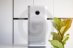 White modern air purifier in a living room for refresh air flow at home,Advanced air purifying and protect Pm2.5