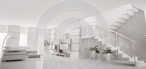 White modern apartment interior panorama 3d render