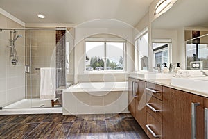White modern bathroom interior in brand-new house.