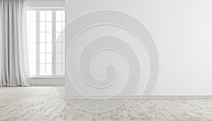 White modern bright empty room interior with window, wood floor and curtain. photo