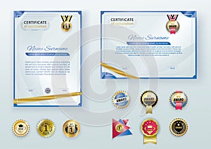 White modern certificates with abstract gold ribbon and set of emblems. Horizontal and vertical template with blue frame