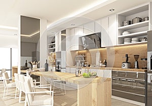 White modern contemporary kitchen with Kitchen equipment and island counter on wooden floor.