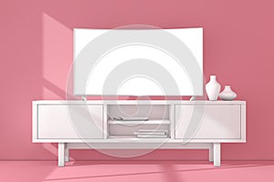 White Modern Curved Led or LCD Smart TV Screen Mockup above White Console Rack in Clay Style. 3d Rendering