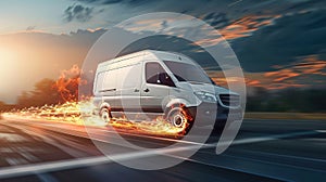 White modern delivery small shipment cargo courier van engulfed in flames moving fast on motorway