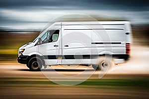 White modern delivery small shipment cargo courier van moving fast on motorway road. Mini bus driving. Blurred image