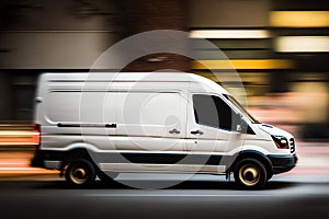 White modern delivery small shipment cargo courier van moving fast on motorway road. Mini bus driving. Blurred image
