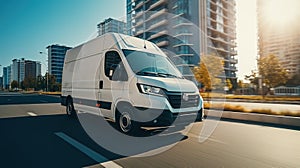 White modern delivery small shipment cargo courier van moving fast on motorway road to city