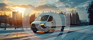 White modern delivery small shipment cargo courier van moving fast on motorway road to city