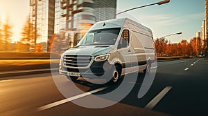 White modern delivery small shipment cargo courier van moving fast on motorway road to city