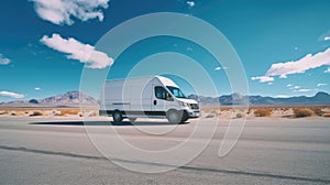 A white modern delivery van transported on a road blue sky background. Transport. Generative Ai