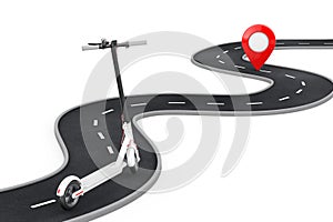 White Modern Eco Electric Kick Scooter Follow Over Winding Road to Destination Red Pin Target Pointer in the End of Road. 3d photo