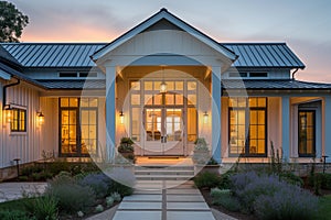 A white modern farmhouse at sunset.