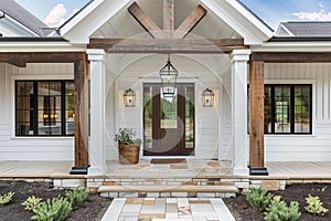 A white modern farmhouse with a wood front door.