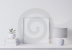 White modern frame mock up in modern interior, close up for white lamp, books and green plant on shelf,