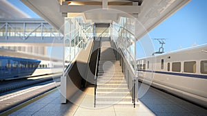 White modern high speed train on railway station at sunset Railway tourism 3d render