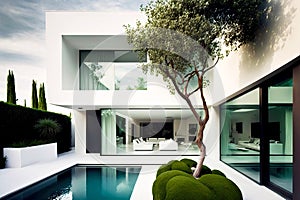 White modern house with beautiful white stone architecture and swimming pool