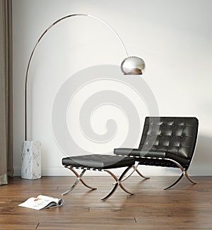 White modern interior with black chair and a floor lamp