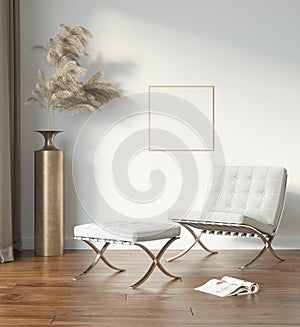 White modern interior with white chair and pampas grass with blank frame