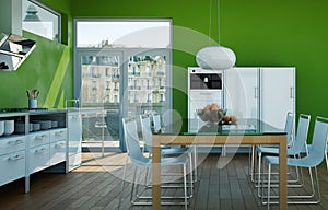 White modern kitchen in a house with green walls